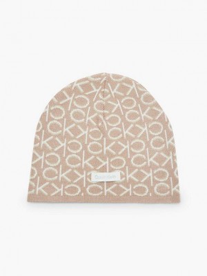 Beige Calvin Klein Jacquard Knit Women Beanie | IOGF-42837