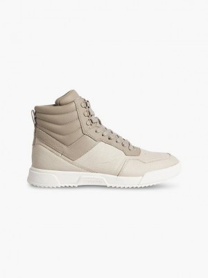 Beige Calvin Klein Leather High-Top Men Sneakers | IJNZ-91754