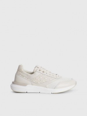 Beige Calvin Klein Leather Logo Women Sneakers | WADQ-41253