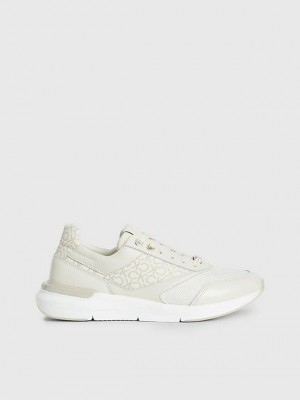 Beige Calvin Klein Leather Logo Women Sneakers | IWEC-57924