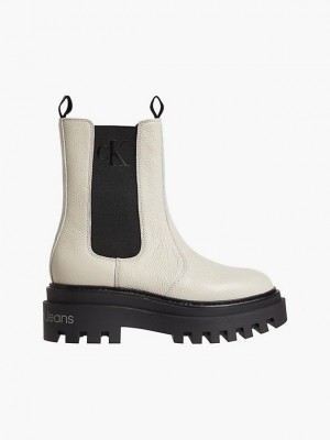 Beige Calvin Klein Leather Platform Chelsea Women Boots | GTUV-79514