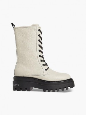 Beige Calvin Klein Leather Platform Women Boots | XVIL-57481