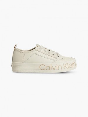 Beige Calvin Klein Leather Platform Women Sneakers | LWHV-69253