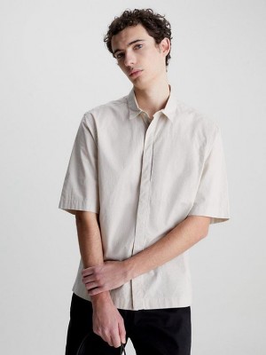 Beige Calvin Klein Linen Cotton Men Shirts | JTBA-59614