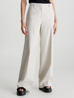 Beige Calvin Klein Linen Wide Leg Women Pants | TXUY-07135