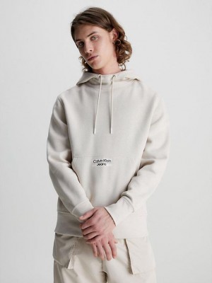 Beige Calvin Klein Logo Men Hoodie | IWDR-54673