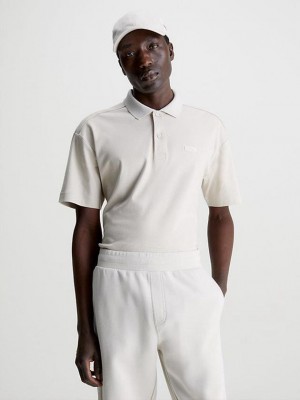 Beige Calvin Klein Logo Men Polo Shirt | HKBN-47658