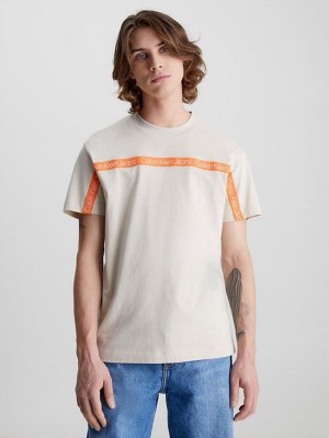 Beige Calvin Klein Logo Tape Men T-Shirt | PJHI-52409