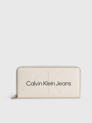 Beige Calvin Klein Logo Zip Around Women Wallet | TZFW-03986