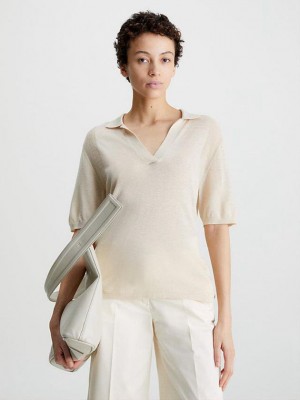 Beige Calvin Klein Lyocell Wool Polo Jumper Women Sweater | IQRE-78562