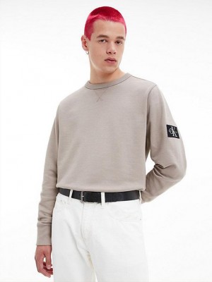 Beige Calvin Klein Monogram Badge Men Sweatshirt | GFLS-78904