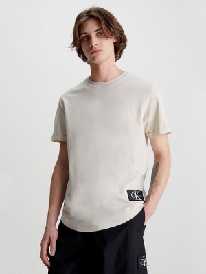 Beige Calvin Klein Organic Cotton Badge Men T-Shirt | OEUL-98452