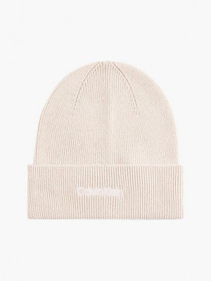 Beige Calvin Klein Organic Cotton Blend Women Beanie | BRMP-24568