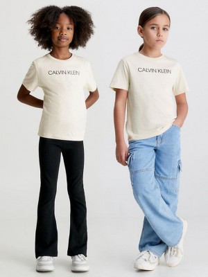 Beige Calvin Klein Organic Cotton Logo Girls's T-Shirt | XPIN-05328