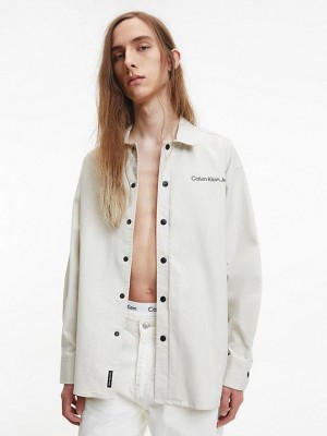 Beige Calvin Klein Oversized Back Logo Men Shirts | JAKE-21953