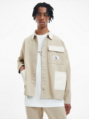 Beige Calvin Klein Oversized Utility Shirt Men Jacket | VSAF-67853