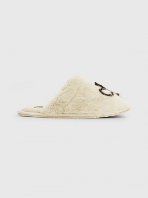 Beige Calvin Klein Recycled Faux Fur Women Slippers | WGYJ-93807