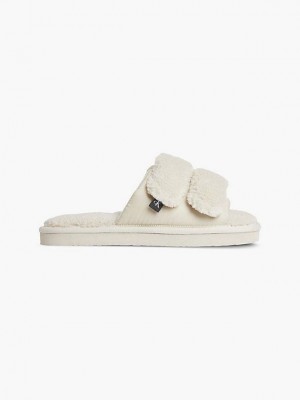 Beige Calvin Klein Recycled Faux Shearling Women Slippers | NAWC-29483