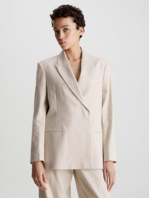 Beige Calvin Klein Relaxed Linen Tailored Blazer Women Jacket | CSVY-13872