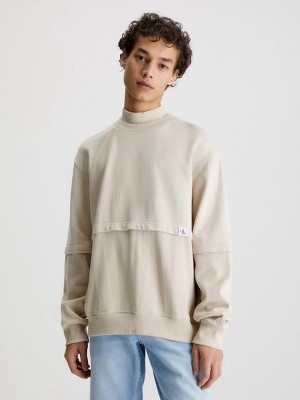 Beige Calvin Klein Relaxed Material Mix Men Sweatshirt | EWQO-41067