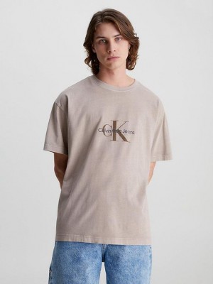 Beige Calvin Klein Relaxed Monogram Men T-Shirt | ESUN-57891