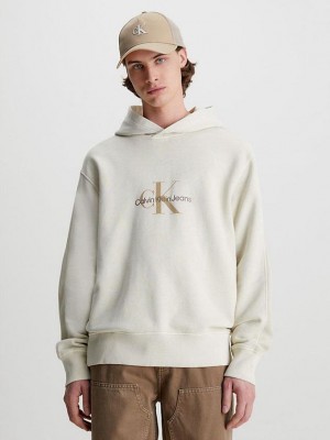 Beige Calvin Klein Relaxed Monogram Men Hoodie | EGPO-24560