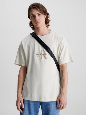 Beige Calvin Klein Relaxed Monogram Men T-Shirt | VKIH-25693