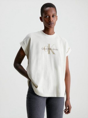 Beige Calvin Klein Relaxed Monogram Women T-Shirt | JAEX-37460