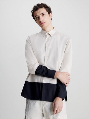 Beige Calvin Klein Relaxed Poplin Colourblock Men Shirts | BMPV-43021