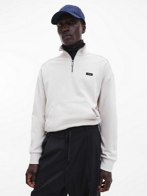 Beige Calvin Klein Relaxed Zip Neck Men Sweatshirt | QPHN-90768
