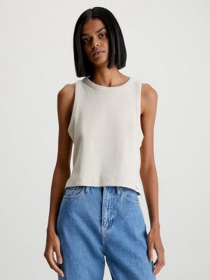 Beige Calvin Klein Ribbed Cotton Tank Women Top | RKVQ-71253