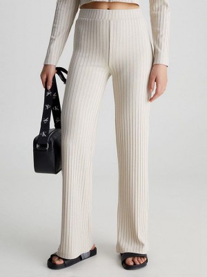 Beige Calvin Klein Ribbed Jersey Flared Women Pants | RZHI-73852