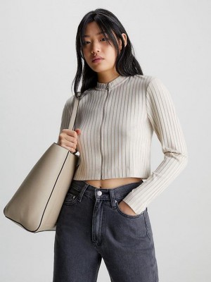 Beige Calvin Klein Ribbed Zip-Through Cardigan Women Sweater | HPDX-24108