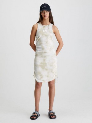 Beige Calvin Klein Ruched Tie Dye Mini Women Dress | THGJ-26359