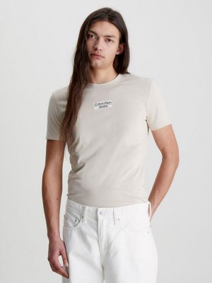 Beige Calvin Klein Slim Logo Men T-Shirt | IWYN-13625
