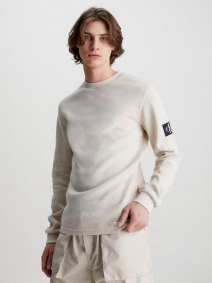 Beige Calvin Klein Slim Long Sleeve Badge Men T-Shirt | FIQR-26154