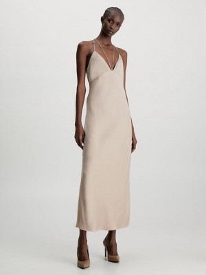 Beige Calvin Klein Slim Low Back Slip Women Dress | IRJZ-65120