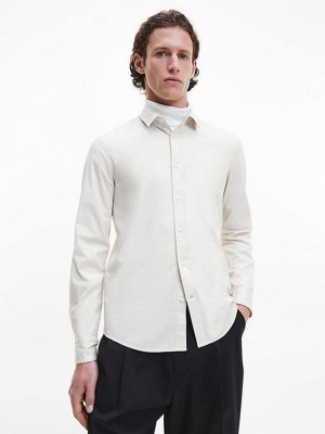Beige Calvin Klein Slim Poplin Stretch Men Shirts | DZMP-81472