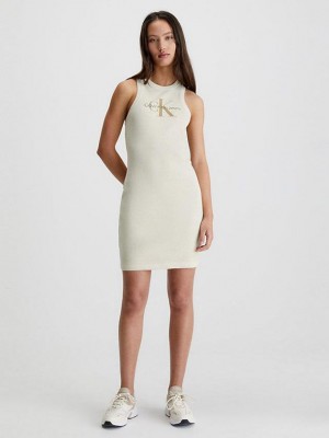 Beige Calvin Klein Slim Ribbed Monogram Tank Women Dress | TNFS-85693