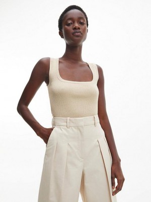 Beige Calvin Klein Slim Ribbed Tank Women Top | HRFY-41279