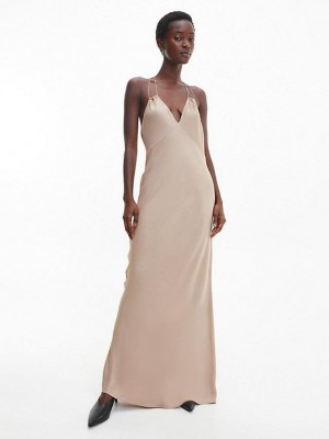 Beige Calvin Klein Slim Satin Maxi Slip Women Dress | HRUN-98725