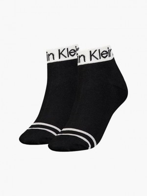 Black Calvin Klein 2 Pack Logo Stripe Ankle Women Socks | RYLC-75861