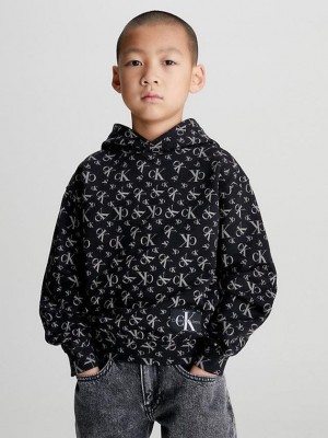 Black Calvin Klein Allover Logo Boys's Hoodie | FUDS-68213