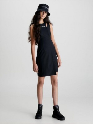 Black Calvin Klein Asymmetric Cut Out Bodycon Women Dress | DIPG-95401
