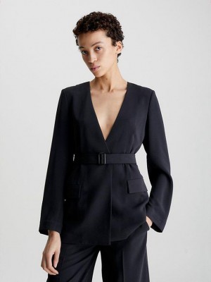 Black Calvin Klein Belted Twill Blazer Women Jacket | MEQS-43602