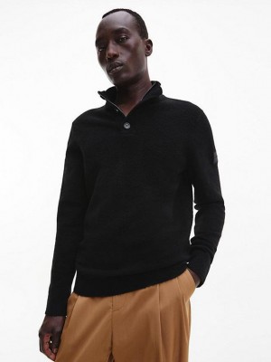 Black Calvin Klein Button Neck Jumper Men Sweater | UMXR-25809