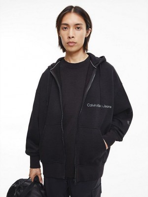Black Calvin Klein Cotton Fleece Zip Up Men Hoodie | TFKV-02435