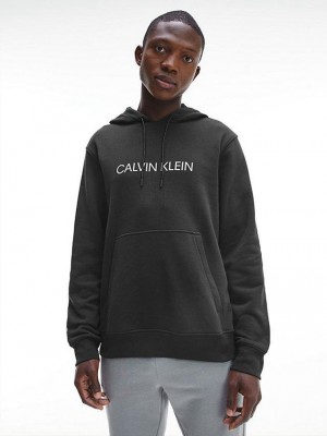 Black Calvin Klein Cotton Terry Logo Men Hoodie | ORUF-40371