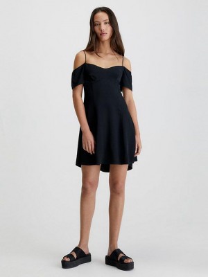 Black Calvin Klein Crepe Off-Shoulder Mini Women Dress | LVGJ-03728