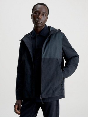 Black Calvin Klein Crinkle Nylon Hooded Men Jacket | XFTI-28951